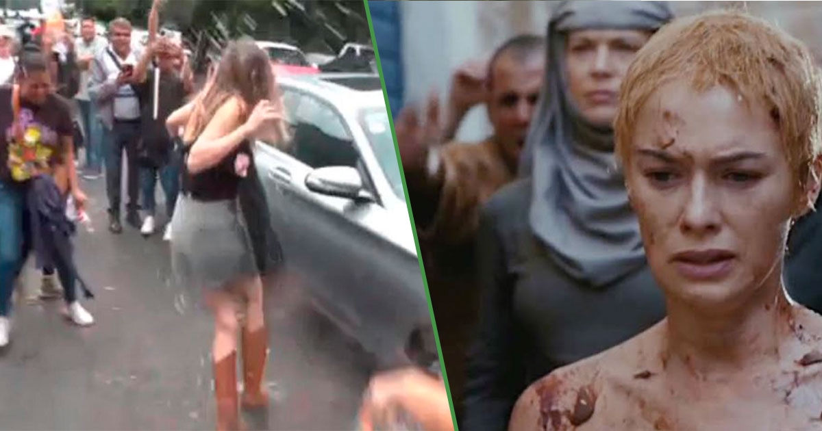 Karma at last: “Lady R*cista” was thrown water as she left the courthouse.