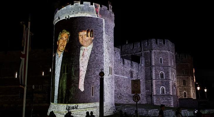 Trump's shock welcome in England! Photos of him and Epstein projected onto castle walls