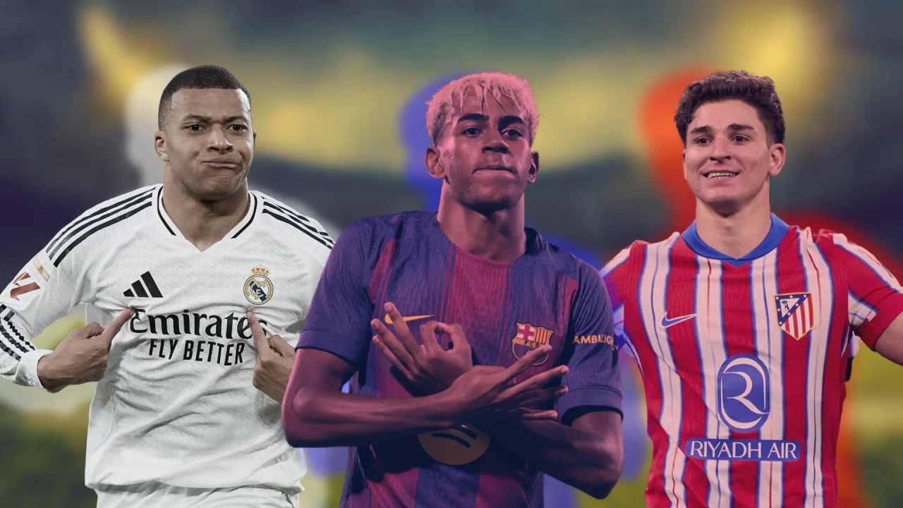 Kylian Mbappé, Lamine Yamal, and Julián Álvarez, the superstars in a three-way race for the La Liga title.