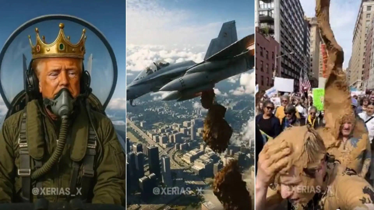 Trump pubblica un video in cui un'intelligenza artificiale indossa una corona e pilota un jet da combattimento mentre bombarda di fango migliaia di manifestanti negli Stati Uniti.