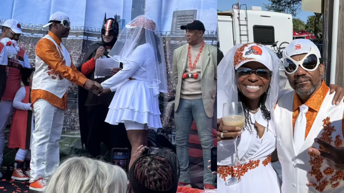 Cleveland Browns fans got married in front of the stadium where their love story began.