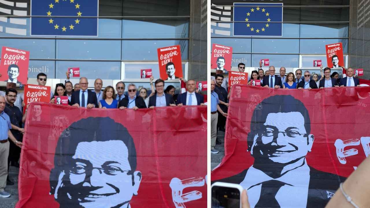 'Freedom for İmamoğlu' banner in front of the European Parliament