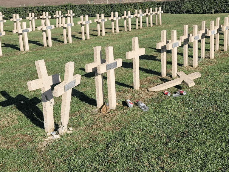World War 14-18: crosses vandalized at the national necropolis of Riche (57), housing the remains of many French soldiers