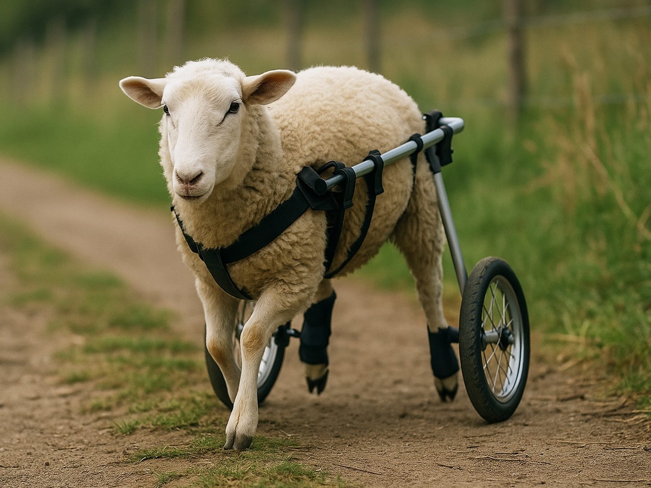 Pecora salvata impara di nuovo a camminare grazie a una sedia a rotelle speciale