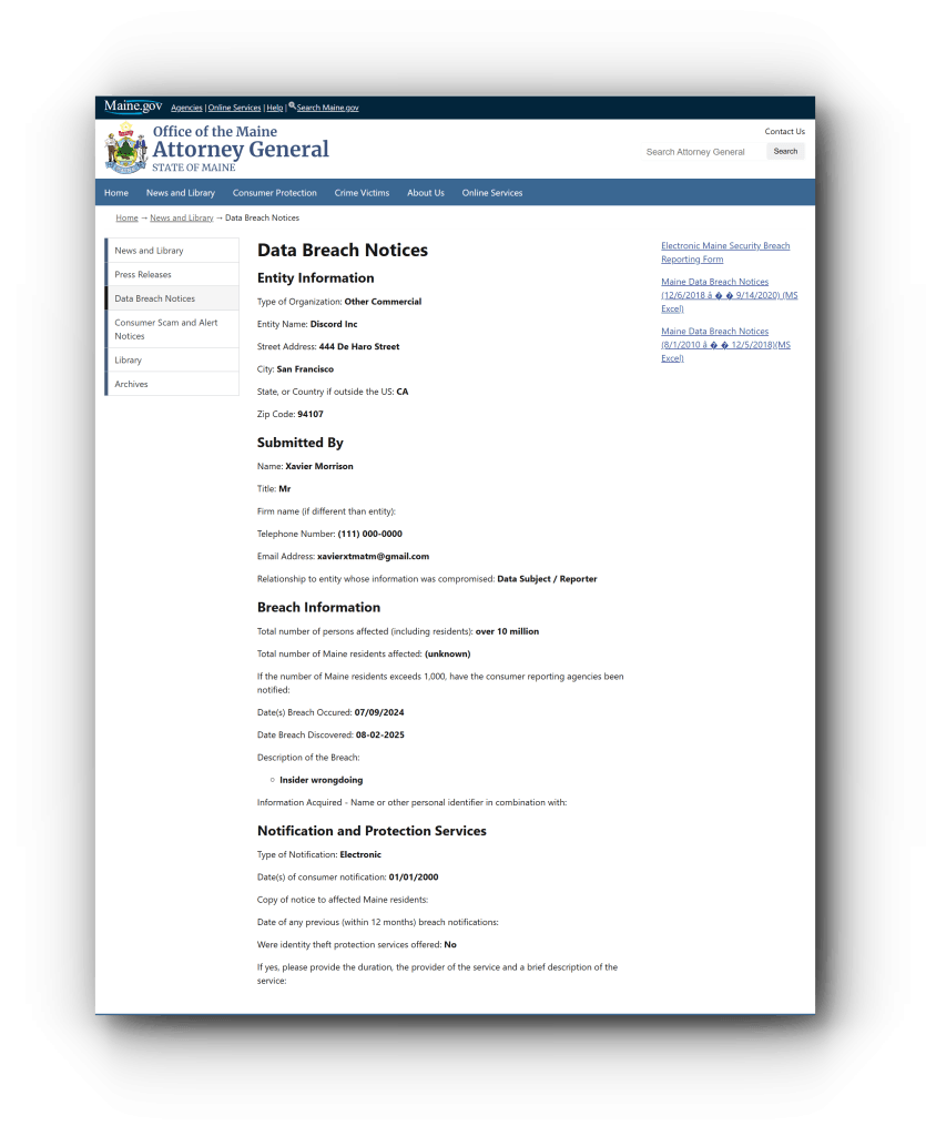 Maine Govt Portal Lists 10M Discord Data Breach Notice, But Filing Shows Red Flags